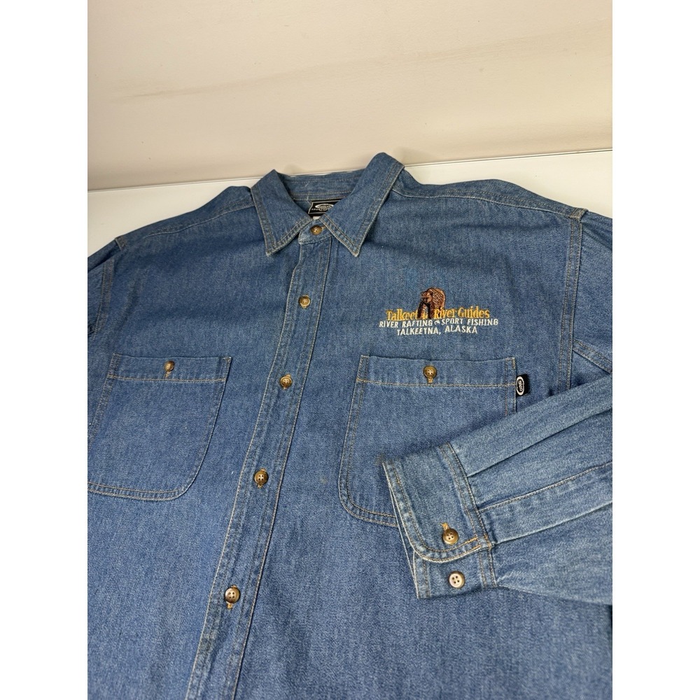 Mens Blue Jean Denim Button Up Shirt Size Medium Talkeetna Alaska River Guides